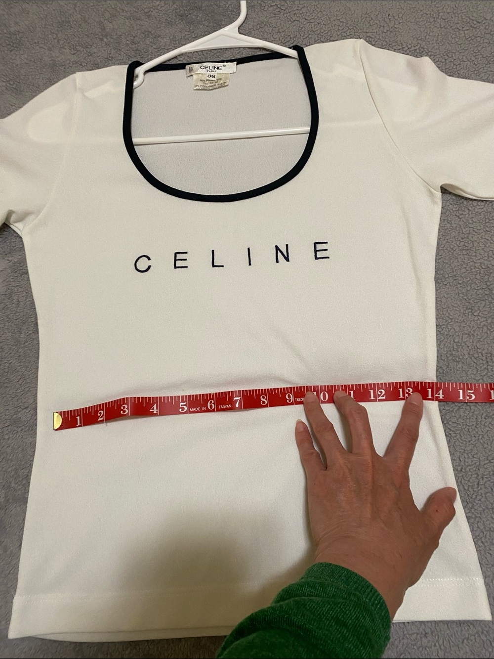 Celine White Scoop Neck Tee with Black Trim and Logo - Picture 8 of 11